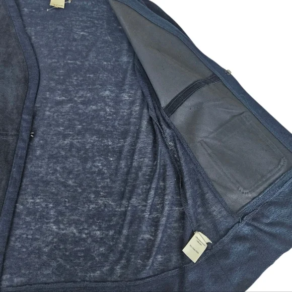 Ecru Deep Blue Linen & Suede Leather  Cardigan - Picture 8 of 11
